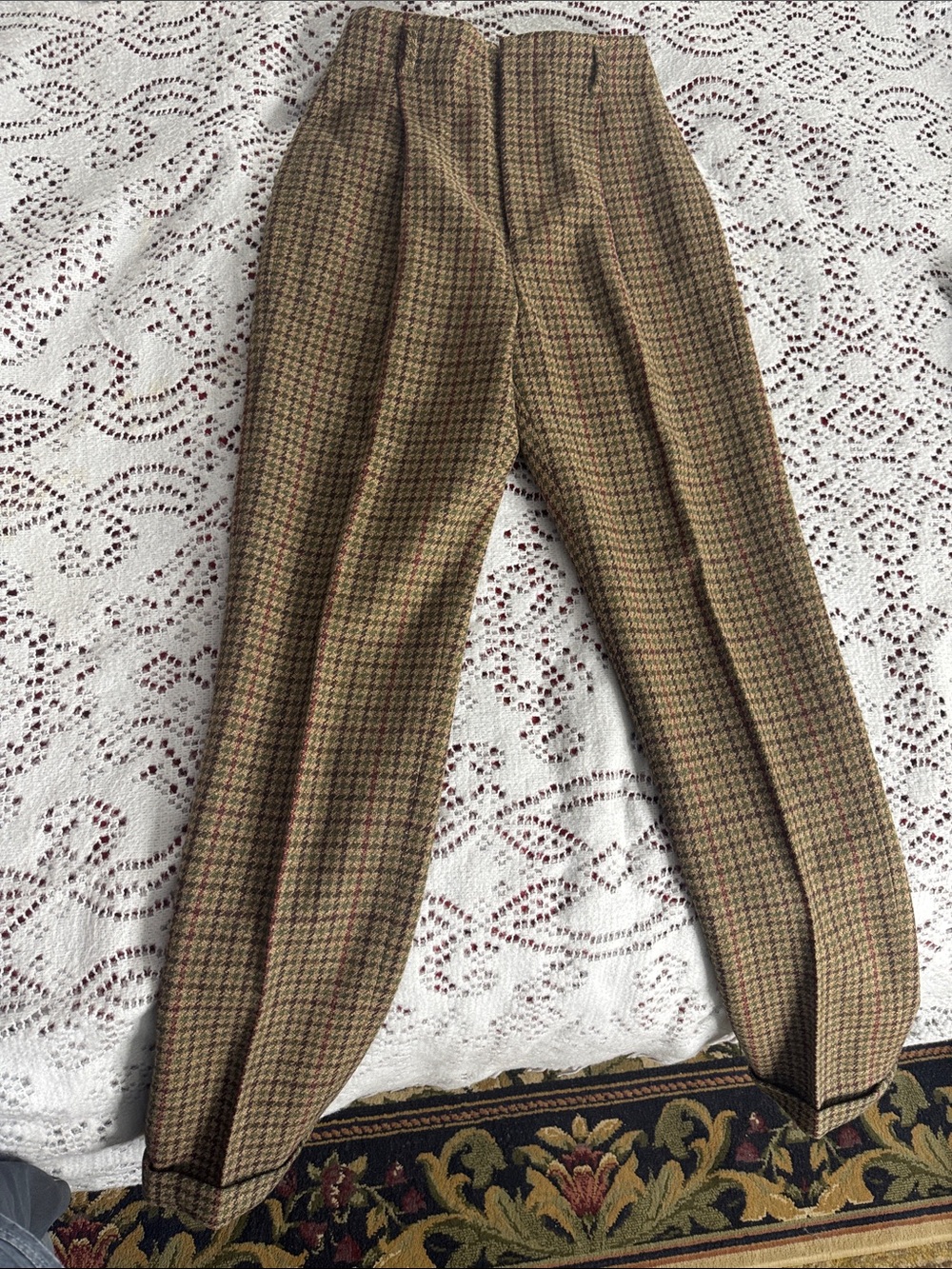 Ralph Lauren Brown Houndstooth Wool Pantsuit with Dark Brown Corduroy Collar 2 - Picture 7 of 9